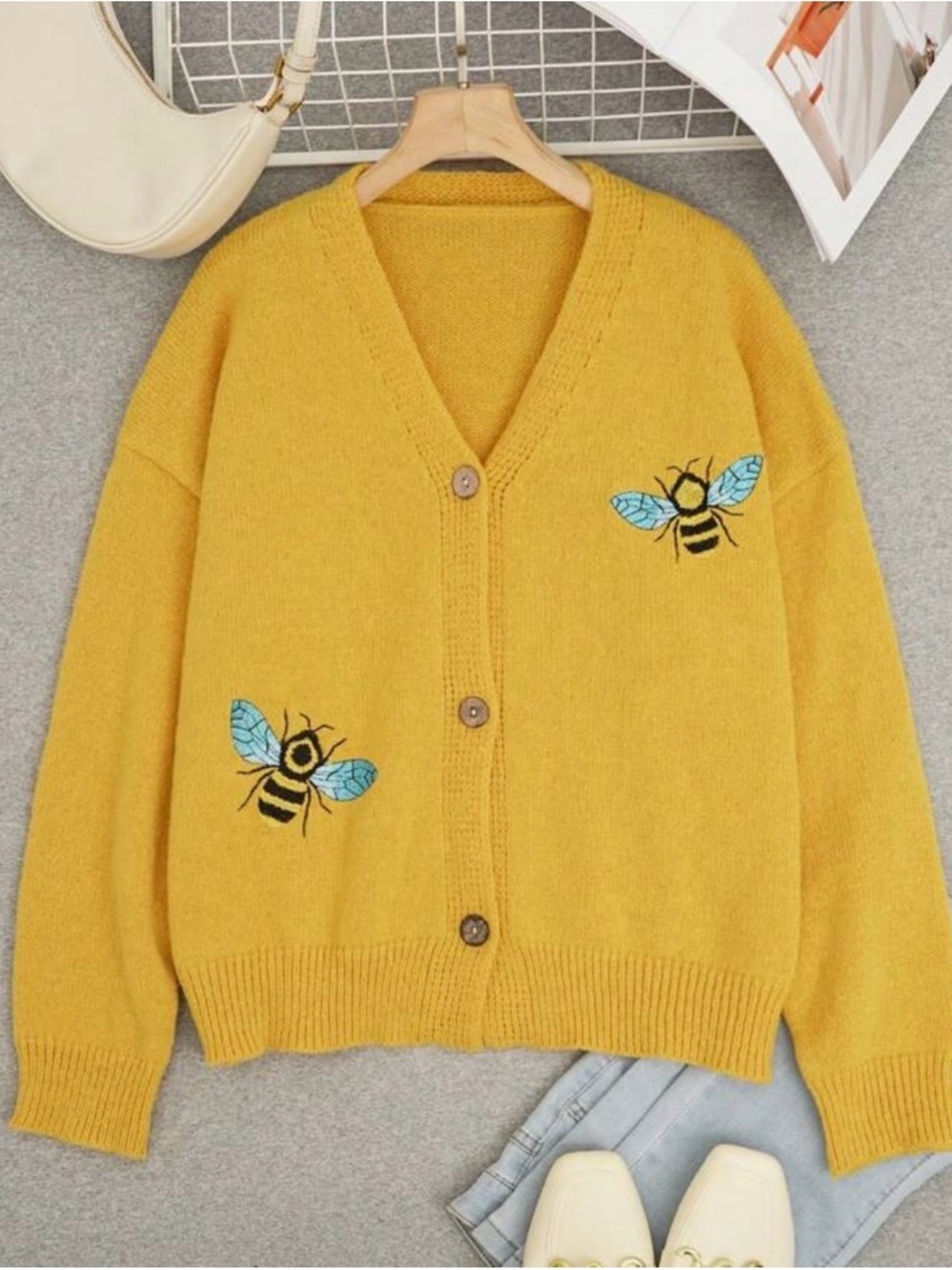 Yellow Bee Embroidered V-Neck Button Cardigan - Women Sweater
